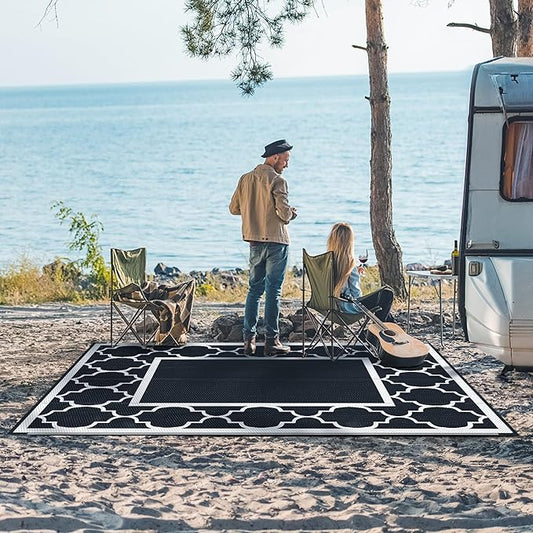 GENIMO 8 ' x 10 ' Outdoor Rug for Patio Clearance, Waterproof Indoor Outdoor Plastic Straw Rugs Carpet, Reversible Outside Area Rv Mat for Camping, Balcony Porch, Deck, Picnic, Beach (Black & White)