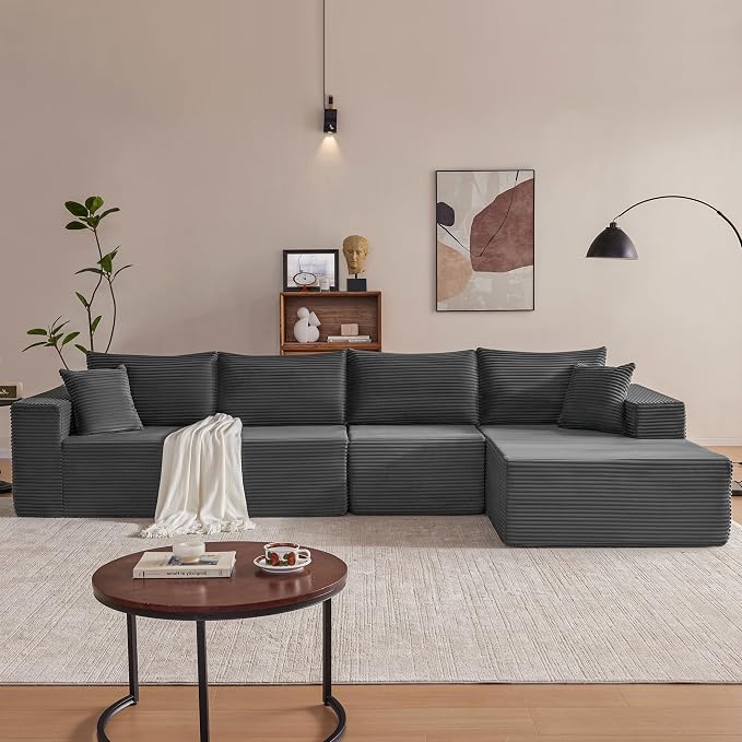 Mangodan 140” Cloud Sectional Couch, Boneless Sofa for Living Room, Modular Sectional Sofa with Deep Seat, Comfy Fluffy L-Shaped Couch with Right-Facing Chaise, No Assembly Required, Grey