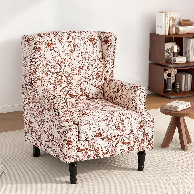 High Back Floral Accent Chairs Set of 2, Fabric Wingback Chair Upholstered Armchair for Living Room - Rococo Orange