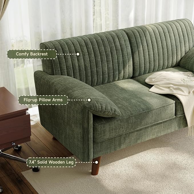ONBRILL 64.5" Loveseat Sofa, Chenille Loveseat Couch for Living Room, 23.2" Deep Seat Love Seat with Padded Arms, Comfy Modern Small Couches for Bedroom, Small Spaces, Dorms, Office, Green
