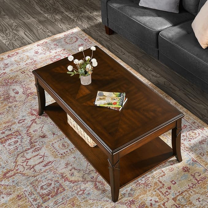 Solid Wood Coffee Table with Storage Shelf, Mid Century Modern Rectangle Coffee Table for Living Room, Large Countertop Center Table, Cherry Walnut KFZ-DR200
