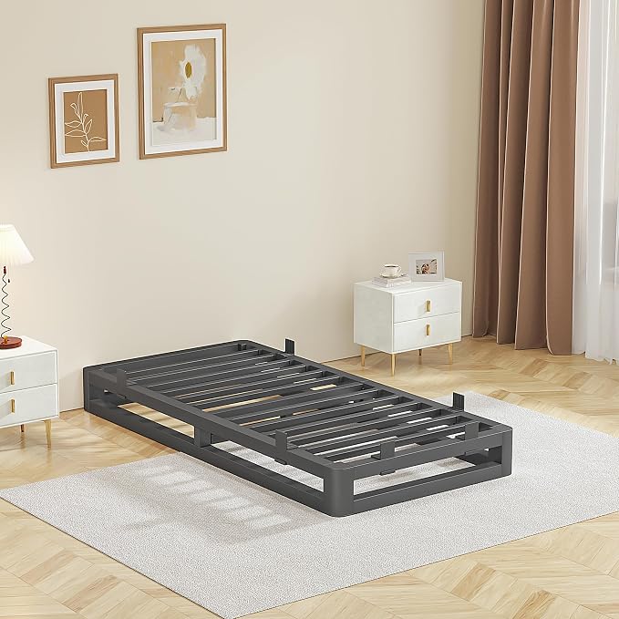 6 Inch Twin XL Bed Frame with Rounded Corner and Squeak Free U-Slot Design, Metal Platform Bed Frames 6 Non-Slip Guards, 3500lbs Heavy Duty Steel Slat Support, No Box Spring Needed, Black