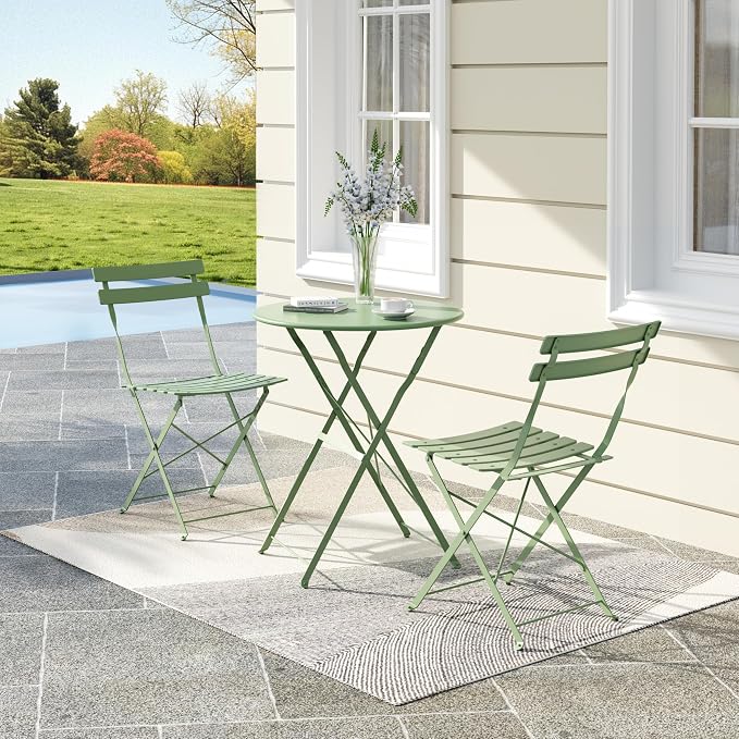 Bistro Table and Chairs Set of 2, 3 Piece Outdoor/Indoor Folding Patio Bistro Sets, 2 Chair Patio Furniture Set with Table, Premium Frame Foldable Coffee Tables for Balcony, Yard, Garden, Green