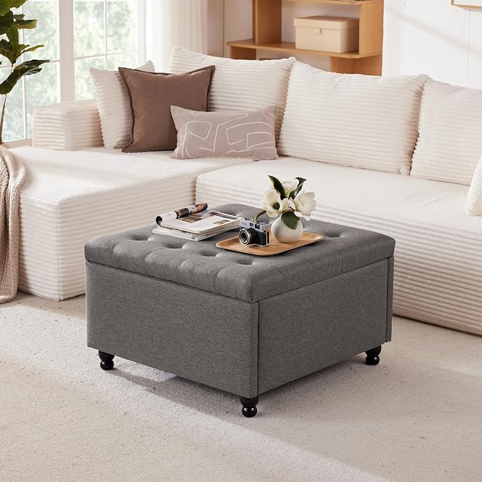 Weture 30 Inch Large Square Storage Ottoman Coffee Table, Oversized Square Ottoman with Storage, Tufted Upholstered Coffee Tables for Living Room (Fabric, Dark Grey)