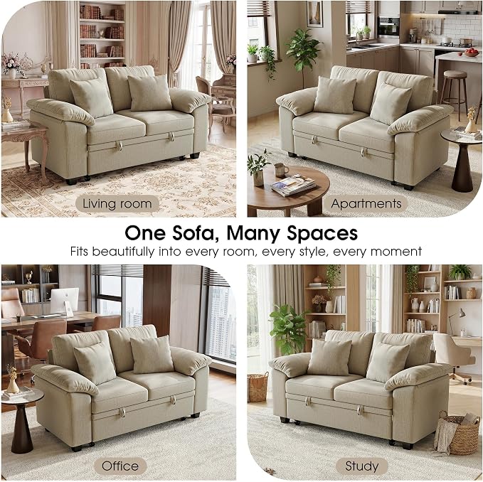 WorthFurni 61” Pull Out Couch, 2 in 1 Sleeper Sofa Bed with Throw Pillow, Convertible Small Loveseat Sleeper Couch for Living Room, Bedroom, Apartment (Sand)