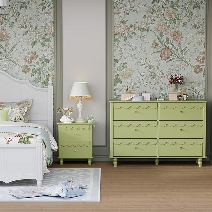 Anbuy Bedroom Sets 3 PCS Scalloped 6 Drawer Dresser and Night Stand Sets for Bedroom, Two Drawers Nightstand Set of 2 & 6 Drawer Dresser Combo 3 Pieces (Green)
