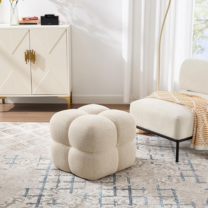 Zesthouse Square Pouf Ottomans Set of 2, Modern Backless Vanity Chair for Bedroom, Beige Linen Foot Rest for Couch, Upholstered Tufted Footstool, Poofy Fabric Ottoman Coffee Table for Living Room