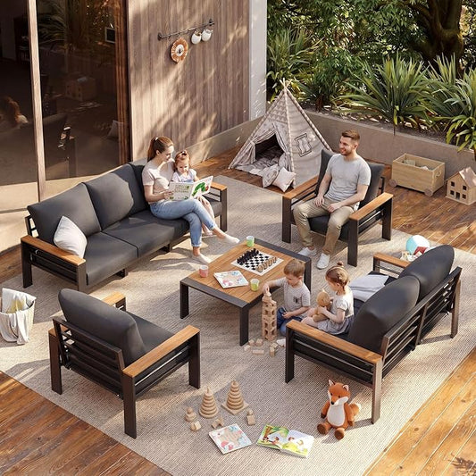 Aoxun Patio Furniture Set, 7 Piece Aluminum Patio Sets with 5" Thicken & Washable Cushion, Waterproof Outdoor Furniture with Coffee Table, Outdoor Couch Sectional for Backyard, Porch and Garden