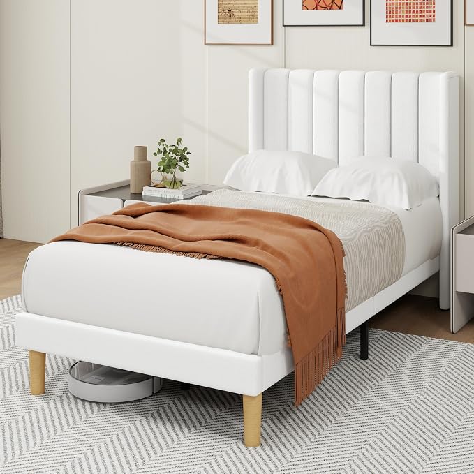 alazyhome Platform Bed Frame Twin Size with Upholstered Headboard, Solid Wood Slats Support, No Box Spring Needed, Noise Free, Easy Assembly, Modern Fabric Bed, White