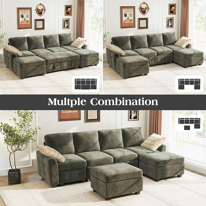 Ihanherry L-Shaped Sectional Sofa Bed, 6-Seater Convertible Pull Out Sleeper with Storage Ottoman, USB Charging Ports & Wide Armrests, Premium Chenille Fabric for Large Living Room, Apartment(Gray)