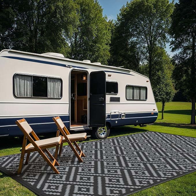 GENIMO Outdoor Rug for Patio Clearance, 8'x16' Waterproof Camping Mat, Reversible Plastic Straw Rugs for RV, Camper, Balcony, Backyard, Picnic, Deck, Black & Gray
