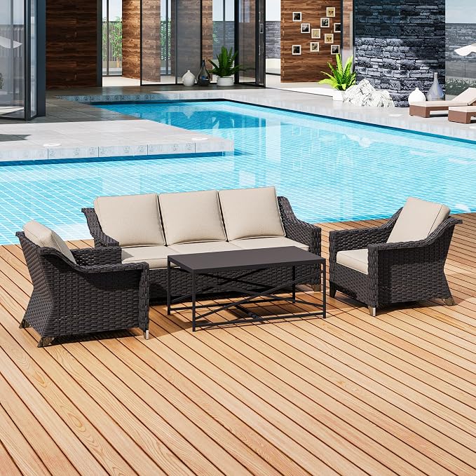 4 Pieces Outdoor Conversation Furniture Set - 77" Patio Sofa, 2 Wicker Armchairs, 1 Metal Coffee Table, Patio Wicker Furniture Set with Water-Resistant Cushions for Sunroom (Beige)