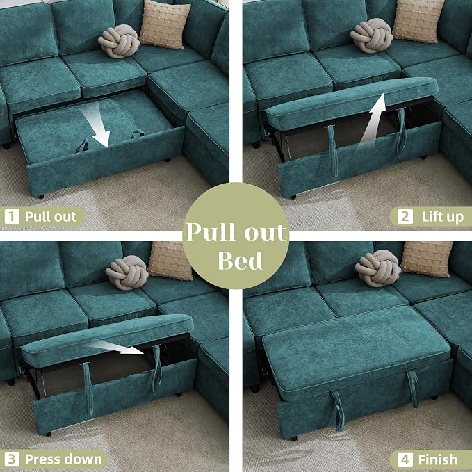 107 Inch Sectional Sleeper Sofa with Pull Out Bed, 7 Seat U Shaped Modular Sectional Sofa with Storage Ottoman, USB Port & 6 Pillows, Sectional Couches for Living Room & Apartment, Modular Couch,Green