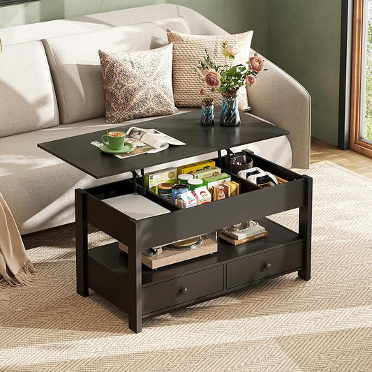 WLIVE Coffee Table, Lift Top Coffee Table with 2 Drawers, Large Hidden Compartment and Open Storage Shelf, Lift Tabletop, Dining Table for Living Room, Black