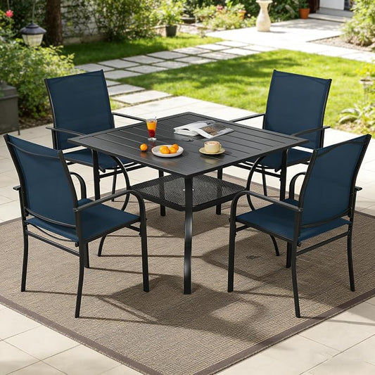 SUNCROWN 5 - Piece Furniture Set, Outdoor Dining Set with 4 x Textilene Dinning Chairs and 1 Steel Slat Metal Bistro Table for Lawn Garden Backyard Deck, Dark Blue
