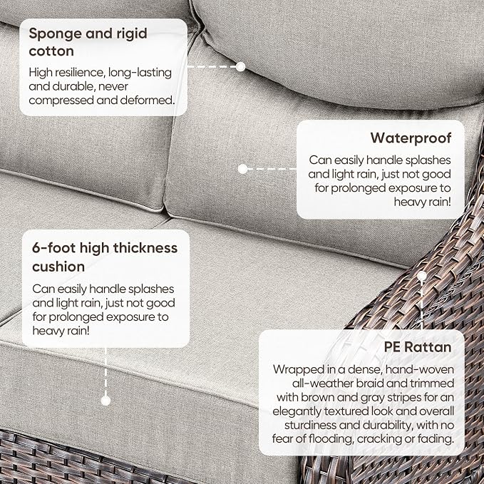 Luxury Patio Sofa 3-Seat Wicker Couch with 6" Thick Cushion - Outdoor Furniture Rattan Sofa with Deep Seating High Back Outdoor Sofa for Patio Garden Balcony Sunroom Backyard, Brown | Beige