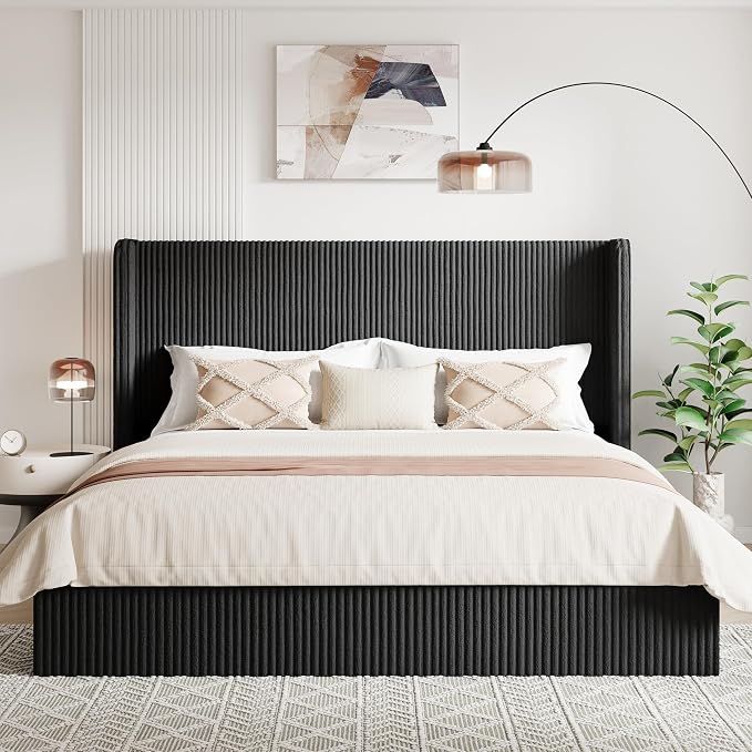 Allewie King Lift-Up Storage Bed Frame with Modern Wingback Headboard, Corduroy Upholstered Platform Bed, Hydraulic Gas Lift Support, Underbed Storage, Wooden Slats, No Box Spring Needed, Black