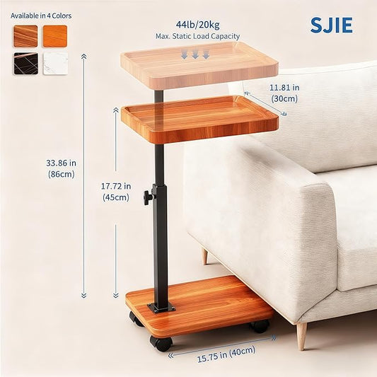 C Table End Table Adjustable Height, 360°Swivel TV Tray Table for Small Spaces, Side Tables with Wheels for Living Room and Bedroom, Bed (Yellow)