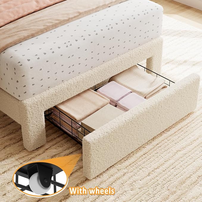 GarveeHome Twin Bed Frame with Under-Bed Drawer, Upholstered Platform Bed with Wave Headboard for Kids/Girls, Wooden Slats Support, No Box Spring Needed, Boucle Beige, 2 Sets