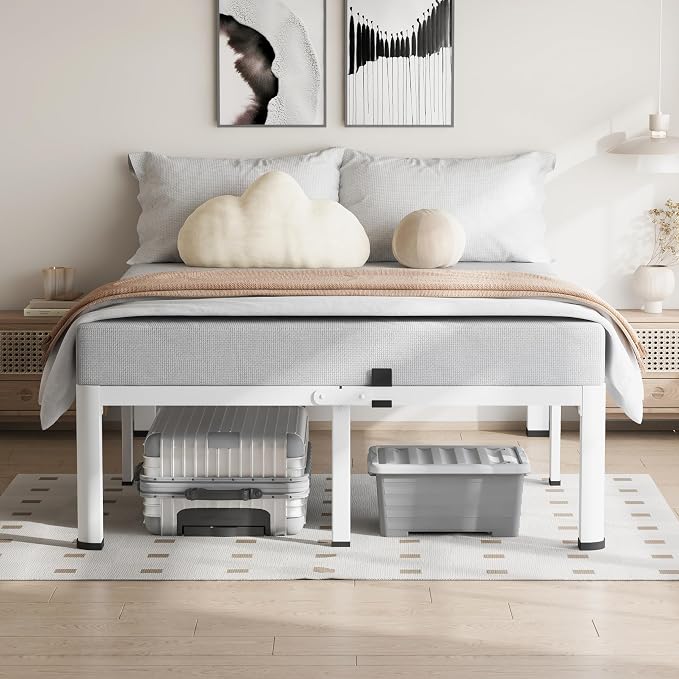 VIPSHOW 12 Inch White Queen Bed Frame, 3500Lbs Heavy Duty Metal Platform with Round Corner Legs Mattress Slide Stopper, Steel Slat Support No Box Spring Needed, Noise Free, Non-Slip, Easy Assembly