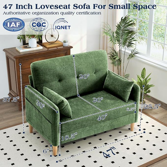 Hanherry Loveseat Sofa, 47” Small Couch for Living Room, Comfy Chenille Fabric Love Seat for Bedroom with Throw Pillow,Removable Cushion Cover,Couches for Small Space,Apartment,Dorm