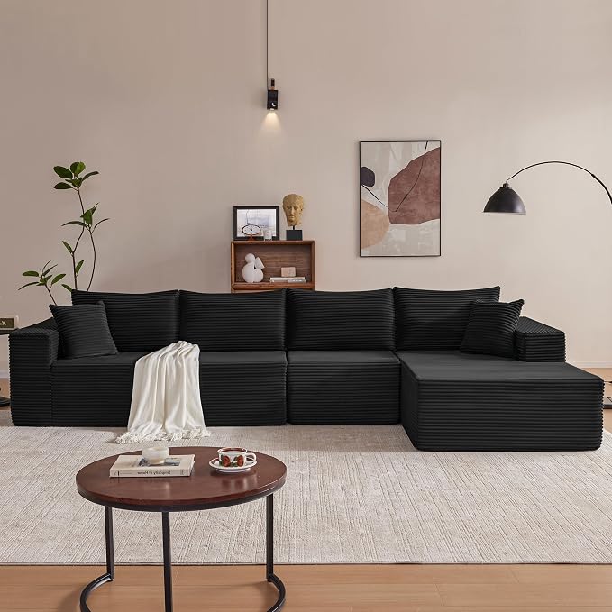Mangodan 140” Cloud Sectional Couch, Boneless Sofa for Living Room, Modular Sectional Sofa with Deep Seat, Comfy Fluffy L-Shaped Couch with Right-Facing Chaise, No Assembly Required, Black