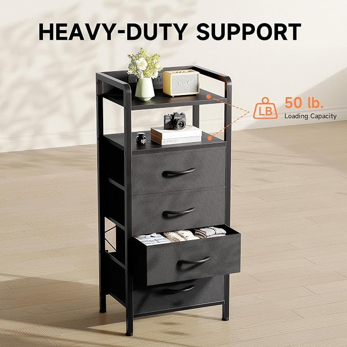 Lazzanto Night Stand Bedside Table Bedroom - Tall Nightstand with Charging Station & LED Light Strip, Bed Side Table with Shelf & Drawers, 2 U-S-B Ports & 2 AC Outlets, Black