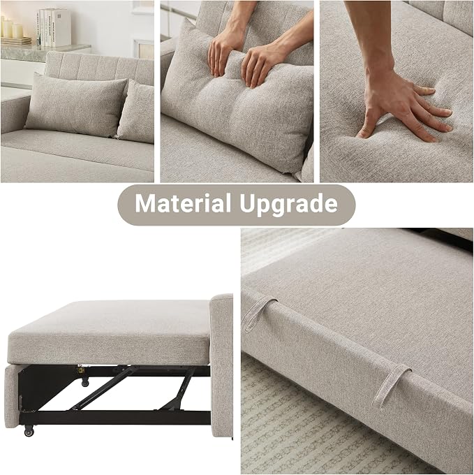 55.5" Fabric Convertible Sofa Bed, Pull Out Sleeper Sofa Bed, Loveseat Couch with Side Pocket, 3 in 1 Convertible Sleeper Sofa Bed for Living Room, Apartment, Bedroom, RV, Light Grey