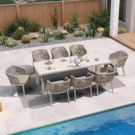 PURPLE LEAF 9 Pieces Outdoor Dining Set Aluminum Rattan Wicker Patio Furniture for Lawn Backyard Deck Champagne