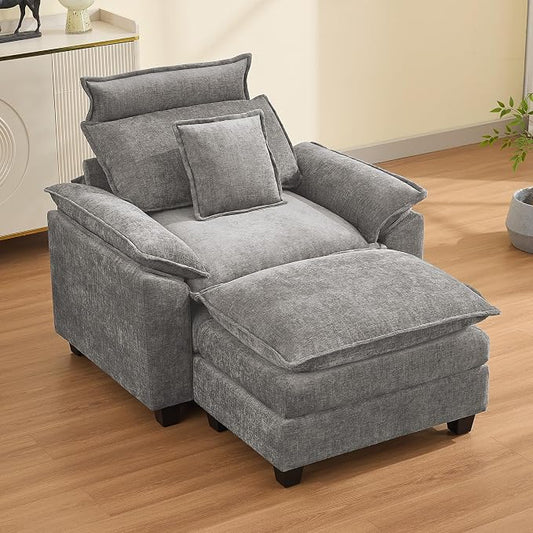 46''Cloud Oversized Sofa Chair with Detachable Headrest, Upholstered Comfy Arm Accent Chair with Ottoman,Modern Chenille Reading Lounge Armchair for Living Room,Bedroom, Light Grey