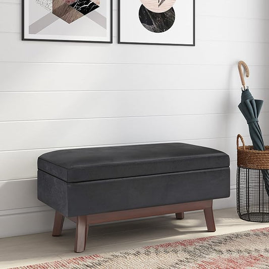 SIMPLIHOME Owen Small Rectangular Storage Ottoman - 36 inch Wide Upholstered Vegan Leather Lift-Top Ottoman in Distressed Black, Mid-Century Modern Ottoman for Living Room with Tufted Detail