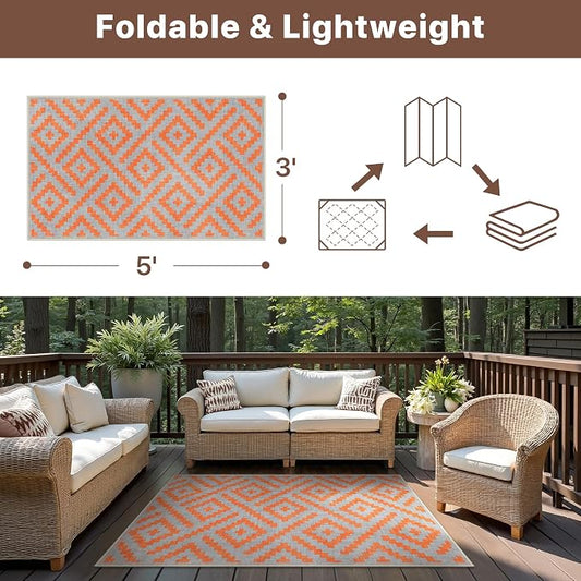 GENIMO Outdoor Rug for Patio Clearance, 3'x5' Indoor Area Rug, Waterproof Reversible Fall Doormat, Outside Camping Carpet for Porch, Living Room, Balcony, Deck, Bedroom, Picnic, Grey Orange