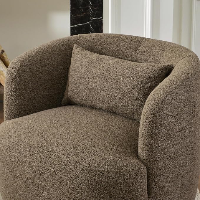 KINWELL 34" Wide Sherpa Swivel Barrel Chair, No Assembly Round Boucle Upholstered Accent Chair Armchair Single Sofa Chair with Toss Pillow for Living Room and Bedroom, Teddy Brown