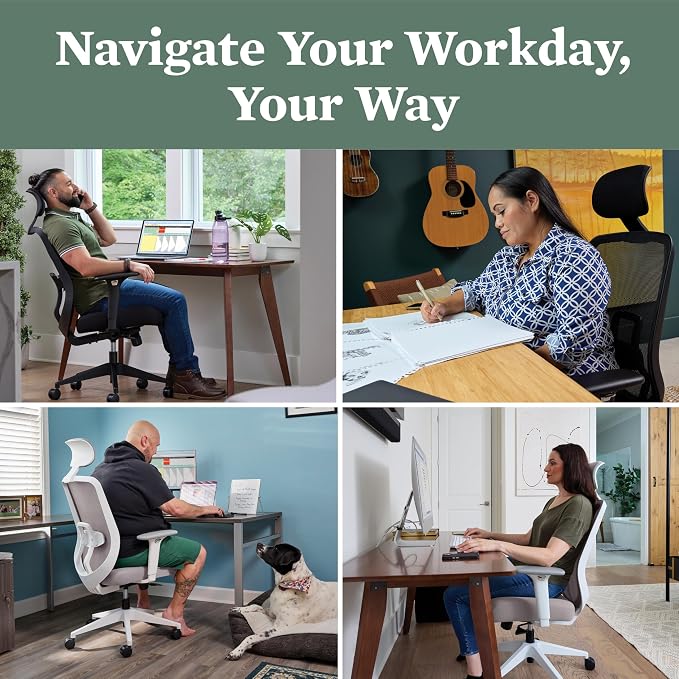 HON Altern Ergonomic Office Chair with Headrest, Mid‑Back Mesh Desk Chair, Adjustable Arms, Seat Slide, Synchro‑Tilt, Rolling Computer Seat for Home Office, Black Frame, Fog