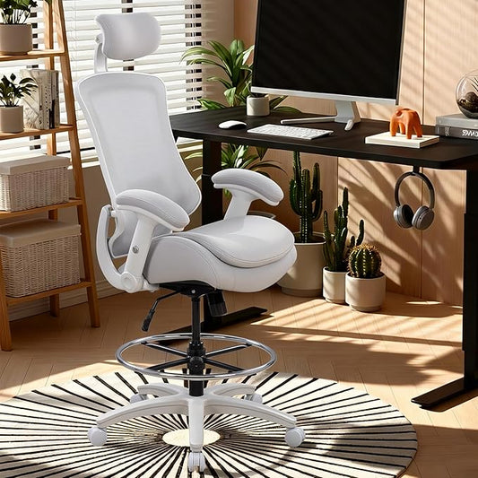 BOLISS Ergonomic Drafting Chair High Back Tall Office Chair for Standing Desk with Double-Layer Seat Cushion, Adjustable Headrest & Lumbar Support, Flip-Up Arms, and Metal Foot Ring (Grey)