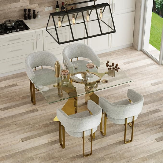 Dining Chairs Set of 4, Off White Boucle Upholstered Dining Room Chairs with Brushed Gold Metal U-Shaped Legs, Luxury Side Chairs with Arms
