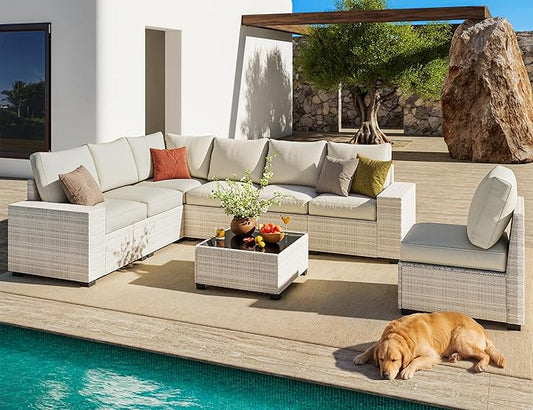 olimix 8 Piece Outdoor Patio Furniture Set, Outdoor Sectional Furniture, Rattan & Wicker Modern Modular Conversation Set Sofa Couch W/Water Resistant Washable Thick Cushions and Coffee Table, Beige