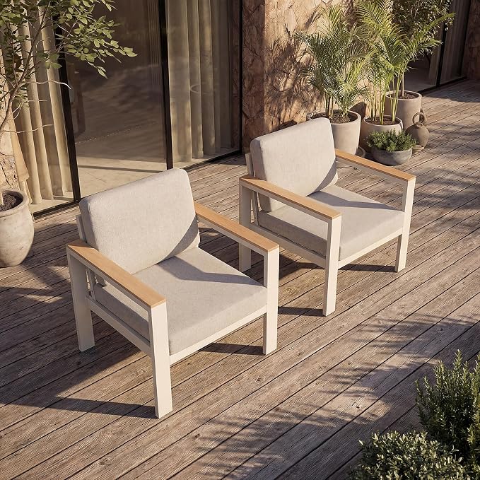 2PC Single Seat Aluminum Patio Chairs, Outdoor Furniture with 1.5mm Thick Powder-Coated Frame, Water Repellent Removable Cushions, Lightweight Single Chairs for Balcony Porch Backyard