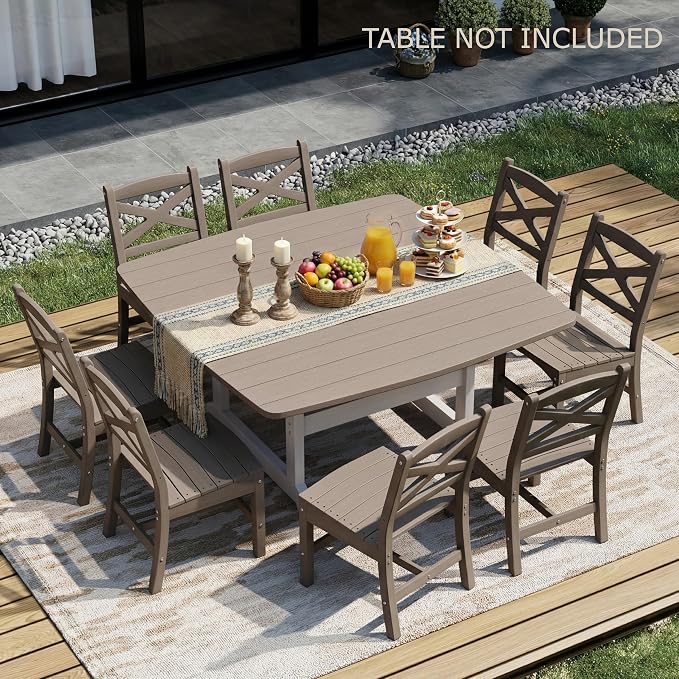 Outdoor Armless Dining Chairs Set of 8,HDPE Patio Chairs with Wide Seat,All-Weather HDPE Patio Armless Chairs for Porch, Backyard, Deck, White Brown, Table not Included