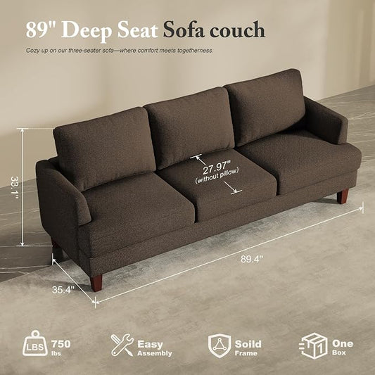 Busaurus 3 Seater Sofa Couch with Deep Seats, 89" Mid Century Modern Upholstered Sofa with Armrests, Comfy Couches for Living Room, Bedroom and Office, Linen Fabric Apartment Couch (Linen Brown)