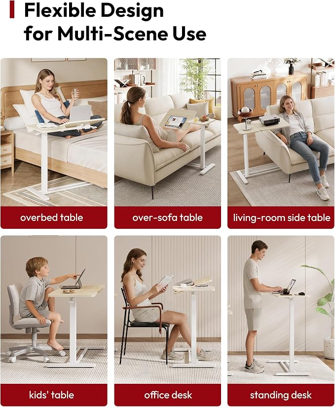 SANODESK Small Rolling Overbed Table Adjustable Height with Wheels, Mobile Laptop Desk with Tilting Desktop, Portable Computer Workstation for Home Office, Classroom, Bedside, Wood Grain