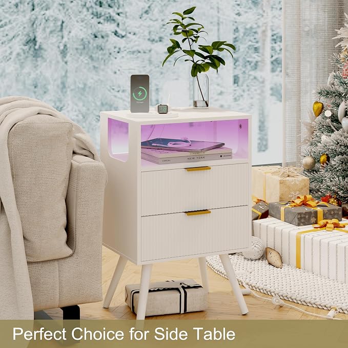 JOONEE White Nightstand with Charging Station and LED Lights,Modern Bedside Table with 2 Storage Drawer and Open Wood Shelf, for Bedroom and Small Spaces,Night Stand with Solid Wood Legs,White