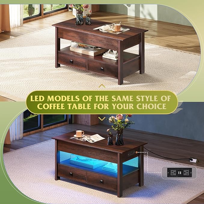 WLIVE Coffee Table, Lift Top Coffee Table with 2 Drawers, Large Hidden Compartment and Open Storage Shelf, Lift Tabletop, Dining Table for Living Room, Espresso
