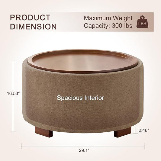 29.1 Inch Round Ottoman Coffee Table, Ottoman with Storage, Boucle Camel | Storage Ottoman with Removable Lid Top, Solid Wood Legs, Round Ottoman for Living Room, Bedroom, Apartments