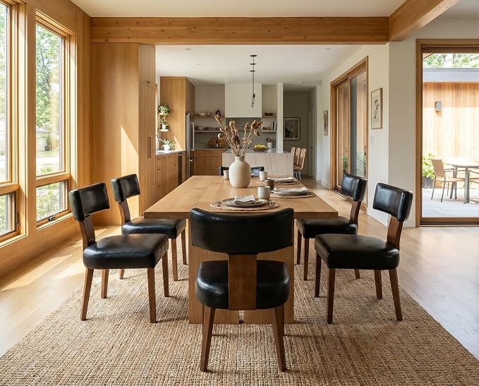 RIVOVA Mid Century Modern Dining Chairs Set of 6 PU Leather Upholstered Side Chairs, Modern Kitchen Armless Parson Chairs Solid Wood Dining Chairs, Black
