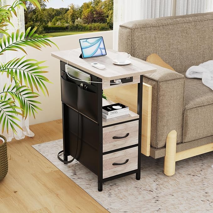 Yenlure Small Side Table with Charging Station, Narrow Nightstand Bedside Tables with Storage Pocket for Living Room Bedroom, Sofa End Table with USB Ports and Power Outlets for Small Spaces, Greige