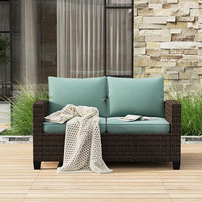 HERA'S HOUSE Outdoor Loveseat Patio Sofa, 2-Seat Wicker Couch with 4" Waterproof Thick Cushions, Deep Seating Furniture for Garden Porch Backyard, Blue