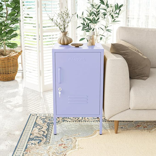 Single Door Lockable Metal End Table & Children's Bedside Table, 2-Tier Storage Cabinet with Adjustable Shelf, Easy Assembly Side Table for Living Room Bedroom Home Office Purple