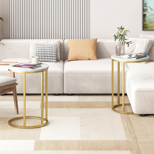 Function Home C Table End Table, Marble C Shaped Sofa Side Table, Couch Tables that Slide Under, Snack Accent Table for Living Room Bedroom Small Space, Marble Top and Gold Metal Frame