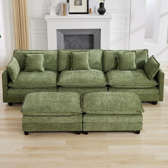 111'' Sectional Cloud Deep Seat Couch, Oversized Chenille U Shaped Sectional Sofa for Living Room Set, Comfy Upholstered Modular 3-Seats Sectional Sofa Couch with 2 Movable Ottoman, Green